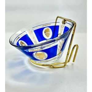 VTG MCM Hazel Atlas Dip Bowl Blue And Gold Grapes Wheat Motif With Gold Hanger